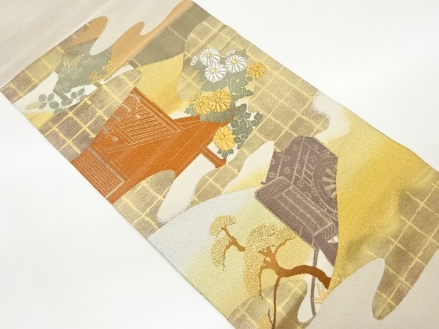 御所車に洛中風景・草花模様織出し袋帯